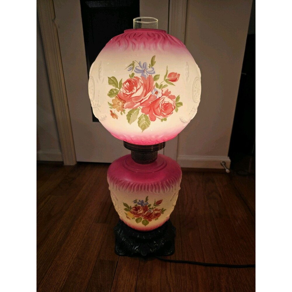 Vintage Gone with the Wind Lamp,  Handpainted Floral | Rose Glass Globes